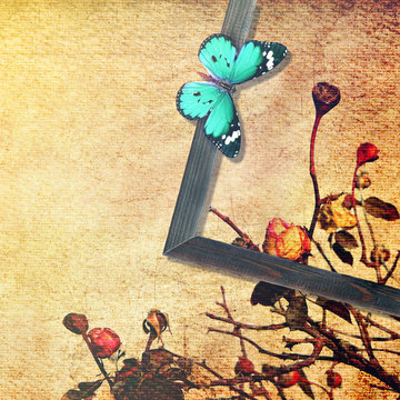Old Wood rough frame (with copy space for picture, text) and butterfly. Art background. Old paper texture.Vintage postcard with dried roses. Flower grunge textured background