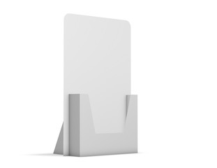 Empty leaflet holder standing isolated on white 3D rendering.