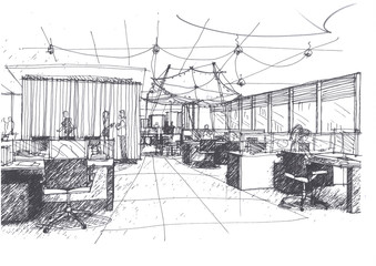 Outline sketch drawing and paint of a interior space, Workstation office