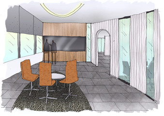 Outline sketch drawing and paint of a interior space,  office,Lounge  & Meeting Space