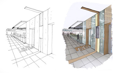 Outline sketch drawing and paint of a interior space, lift hall department store