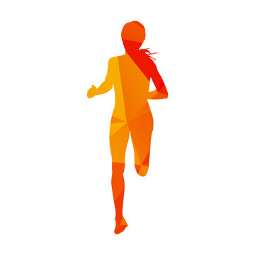 Polygonal running woman, abstract isolated vector runner