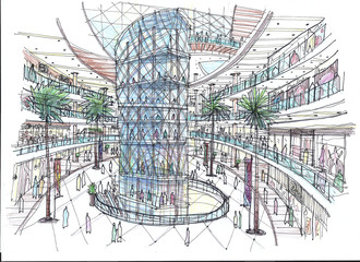 Outline sketch drawing and paint of a interior space, Hall department store