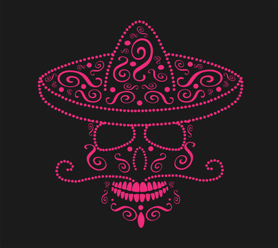 Mexican skull with sombrero, Day of the dead neon pink color