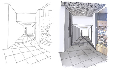 Outline sketch drawing and paint of a interior space, Bathroom corridor department store