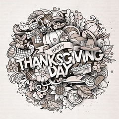 Cartoon cute doodles hand drawn Thanksgiving inscription