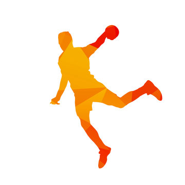 Polygonal handball player, abstract orange isolated vector silho