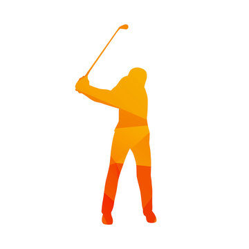 Polygonal golf player, abstract orange isolated vector golfer si