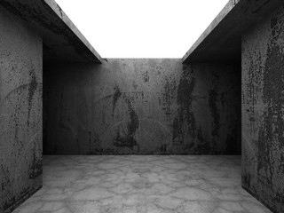 Dark empty concrete walls room interior with ceiling light.