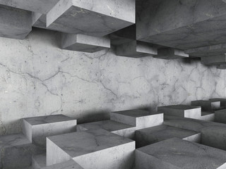 Dark concrete textured architecture background with chaotic cube