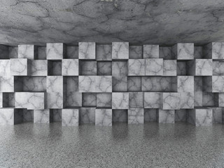 Empty urban room with chaotic concrete cubes tile wall. Architec