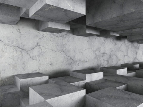 Dark concrete textured architecture background with chaotic cube © VERSUSstudio
