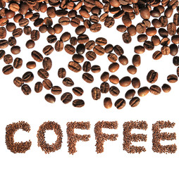 Roasted coffee beans and word COFFEE made from coffee beans isolated on a white background