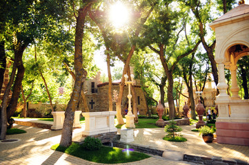 Panorama of a beautiful green park at sunrise