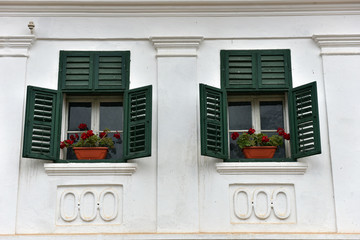 Wooden green window shutters and red flowers on a whitewashed ho © salajean