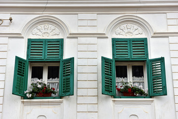 Wooden green window shutters and red flowers on a house
