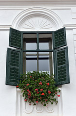 Fototapeta na wymiar Classic green wooden window shutters and red flowers on a rural