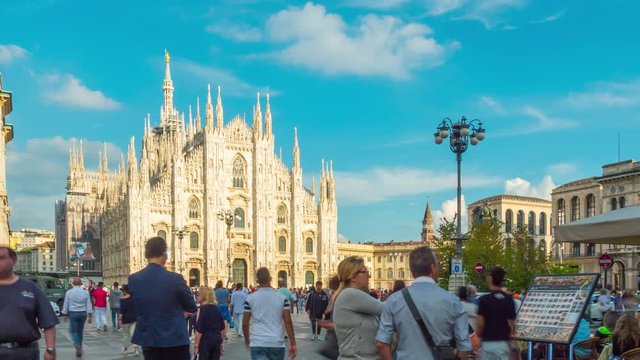 sunny milan famous duomo cathedral crowded street walk panorama 4k time lapse italy
