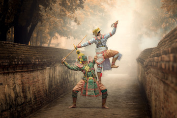 Art culture Thailand Dancing in masked khon Tos-Sa-Kan and hanuman in literature Ramayana.