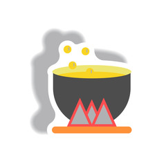 Vector illustration paper sticker Halloween icon Magic kettle with potion