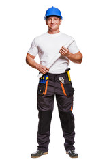 smiling handyman on white background fine portrait holding plans