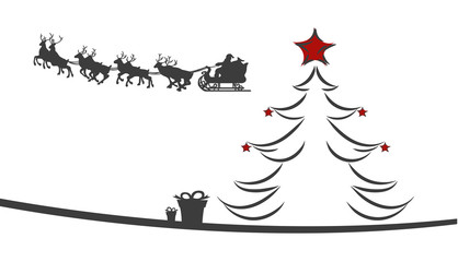 Weihnachtsbaum, Geschenke und Weihnachtsmann mit Schlitten