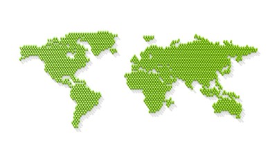 Dotted world map. 3d world map from the green barrels. 3d rendering © kodochigov