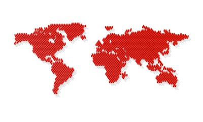 Dotted world map. 3d world map from the red barrels. 3d rendering © kodochigov
