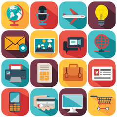 Flat icons design modern vector illustration big set of various financial service items, web and technology development, business management symbol, marketing items and office equipment on background