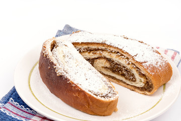 Closeup macro strudel with walnuts with copy space