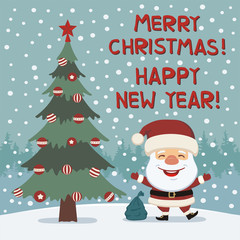 Merry Christmas and Happy New year! Funny Santa Claus dancing near Christmas tree. Card in cartoon style.