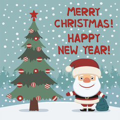 Merry Christmas and Happy New year! Smiling Santa Claus with gift sack near Christmas tree. Card in cartoon style.