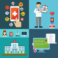 Health care and Medical flat banners set with research healthcare first aid