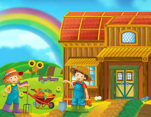 Cartoon scene of couple working on the farm - illustration for children