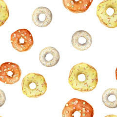 hand painted watercolor seamless pattern with glazed donuts isolated on white. Bakery repeating texture for wrapping paper, background, fabric and textile.