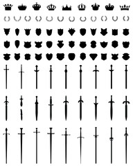 Black silhouettes of crowns, shields, swords and wreaths