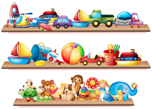 Many toys on wooden shelves