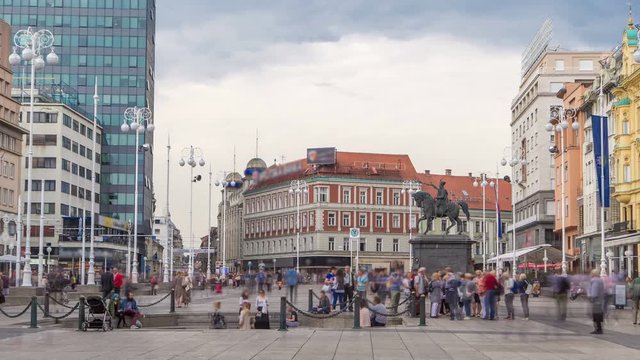 Central city square Trg bana Jelacica timelapse and Ban Jelacic monument in Zagreb, Croatia.