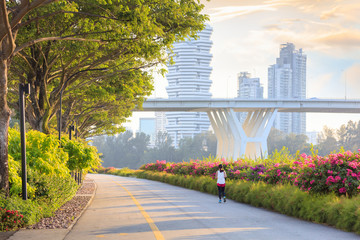 Jogger at Marina Bay East park at sunset - obrazy, fototapety, plakaty