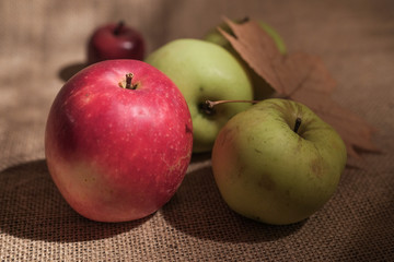 close up group of apples on burlap textured surface with dry brown autumn leaf on side/another lighting condition