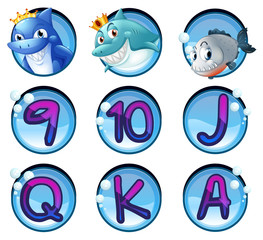 Sharks and letters on round badges