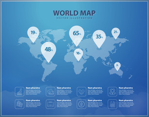 Modern world map with pins graphic design. Vector infographic