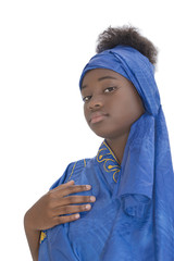 Portrait of a lovely girl wearing a blue headscarf, isolated 