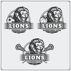 Football, basketball and lacrosse logos and labels. Sport club emblems with head of lion.