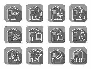 Security of housing and office buildings, icons, contour, gray. Safety of living and working space. White vector, line icons on gray background with shadow. 