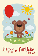 Obraz na płótnie Canvas Happy birthday! Funny teddy bear with balloon on flower meadow. Card in cartoon style.