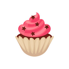 Chocolate cupcake with pink colored icing, cartoon vector illustration isolated on white background. Chocolate muffin, cupcake with pink icing and stars, isolated dessert, yummy looking sweets