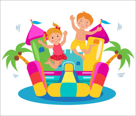 Cute Kids Jumping On A Bouncy Castle Set. Cartoon Illustrations On A White Background. Bouncy Castle Rental. Bouncy Castle For Sale. Bouncy Castle Commercial. Bouncy Castle For Kids. Castle Fun.