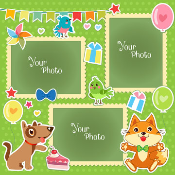 Photo Frames For Kids. Decorative Template For Baby, Family Or Memories. Scrapbook Vector Illustration. Birthday Children'S Photo Framework. Photo Frames Collage. Photo Frames Making At Home.