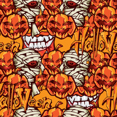 Fototapeta na wymiar halloween pattern mummy zombie pumpkin